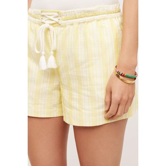 Anthropologie Elevenses Tasseled Dobby Tie Waist Shorts in Yellow & White Stripe - Picture 6 of 11